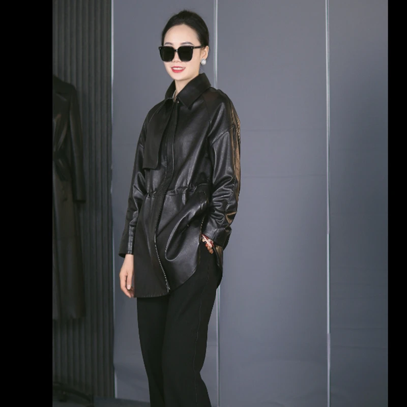 轻奢简约风2025春新款绵羊皮复古夹克真皮皮衣女中长款外套