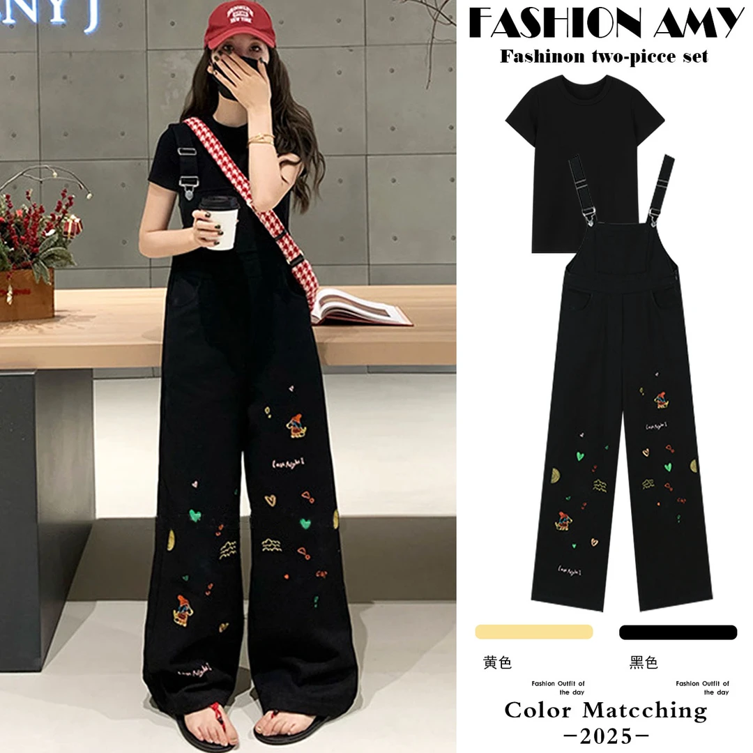 孕妇背带裤套装春夏新款时尚韩版显瘦上衣休闲卡通涂鸦阔腿连体裤