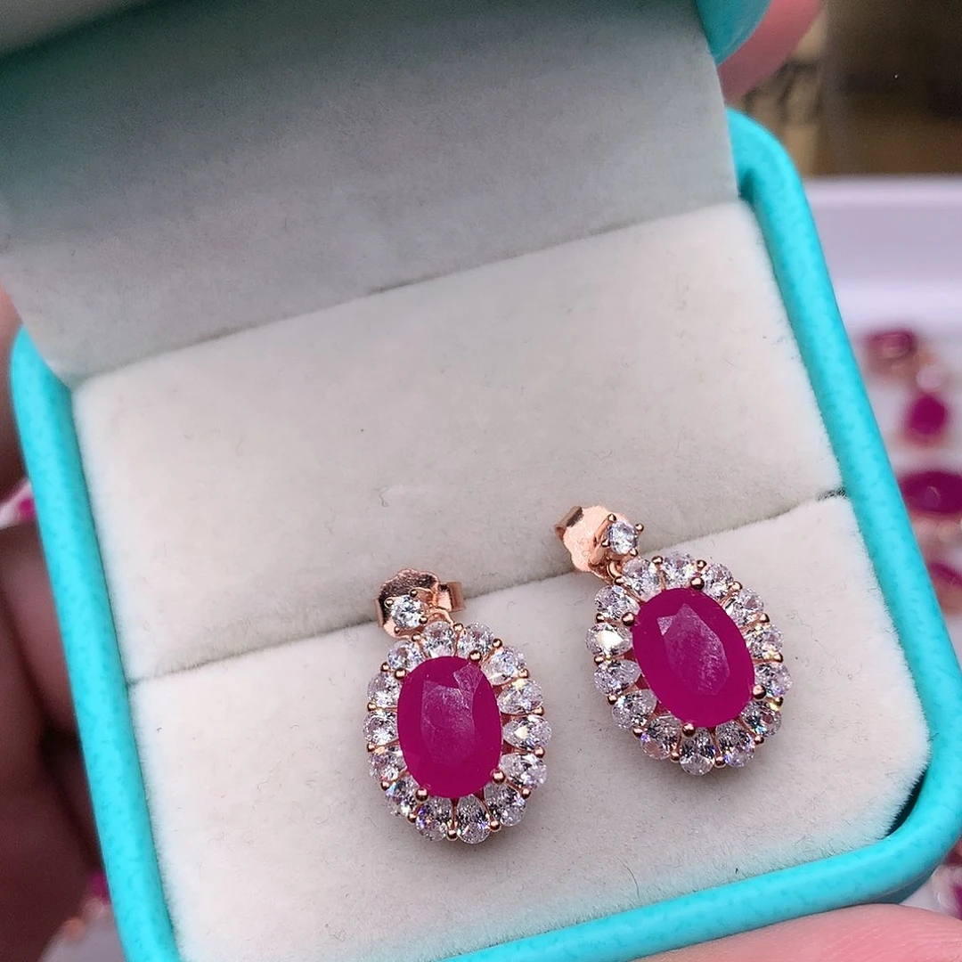 红宝石耳饰银S925镶嵌