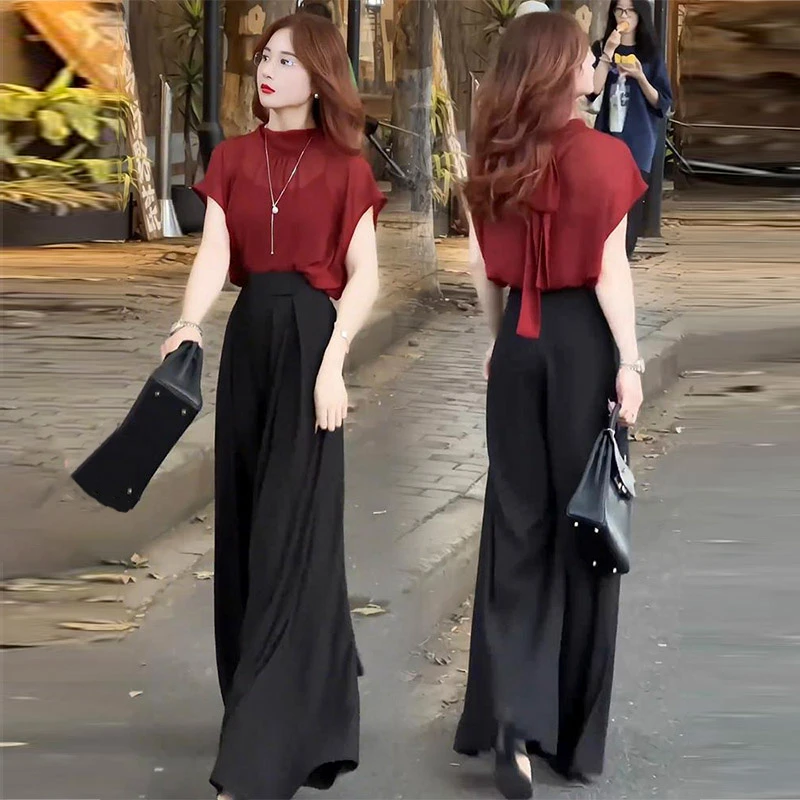 经典复古港风套装女士2025夏季新款气质雪纺上衣阔腿裤两件套女
