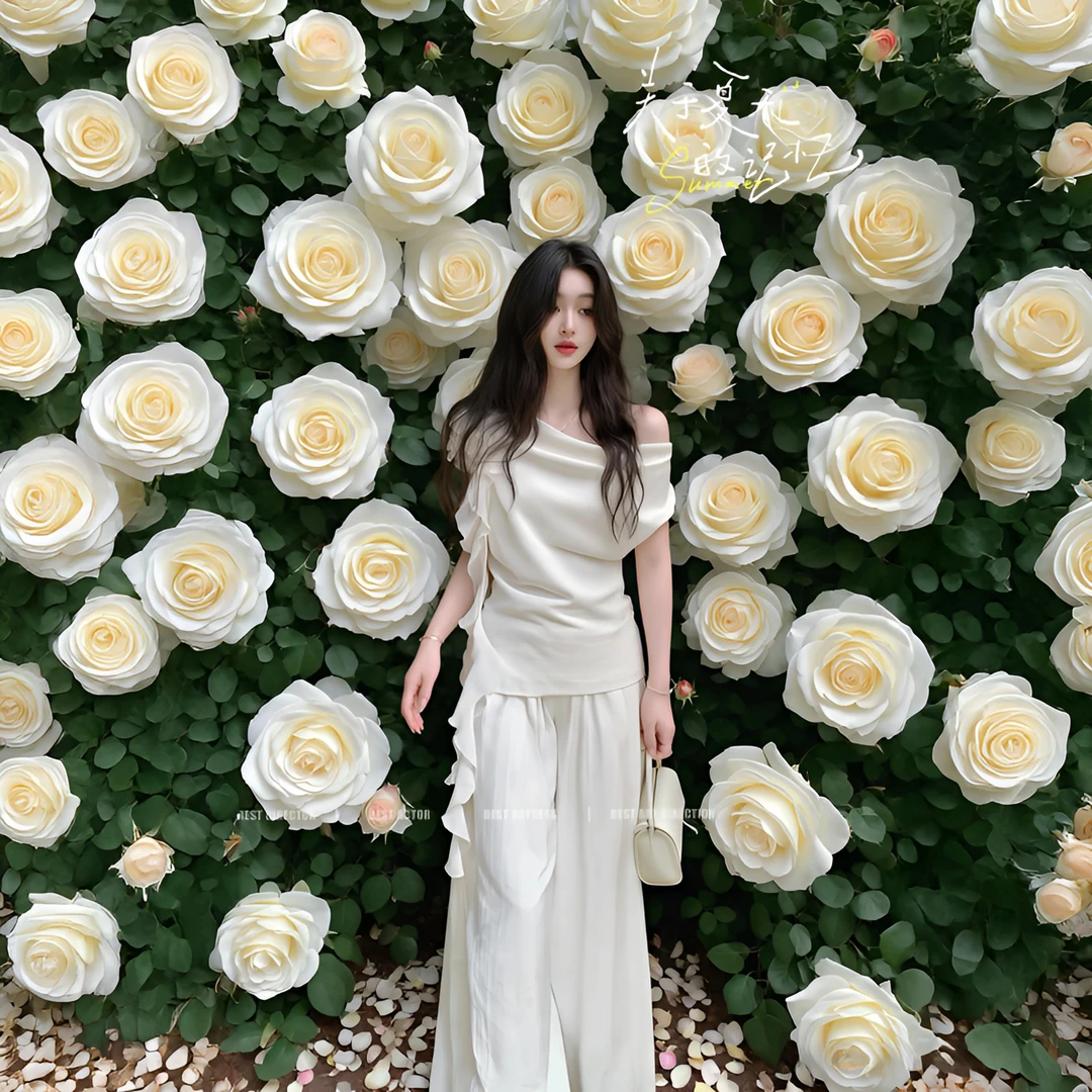 夏季新款韩系松弛感白色露肩短袖上衣显瘦休闲裤气质减龄洋气套装