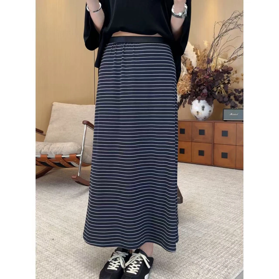 小静静一会【藏青条半裙】2025夏款高腰显瘦百搭裙子 2505C2441