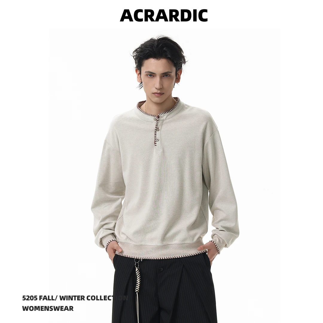 ACRARDIC美式简约手缝线亨利领卫衣男复古老钱风cleanfit休闲上衣