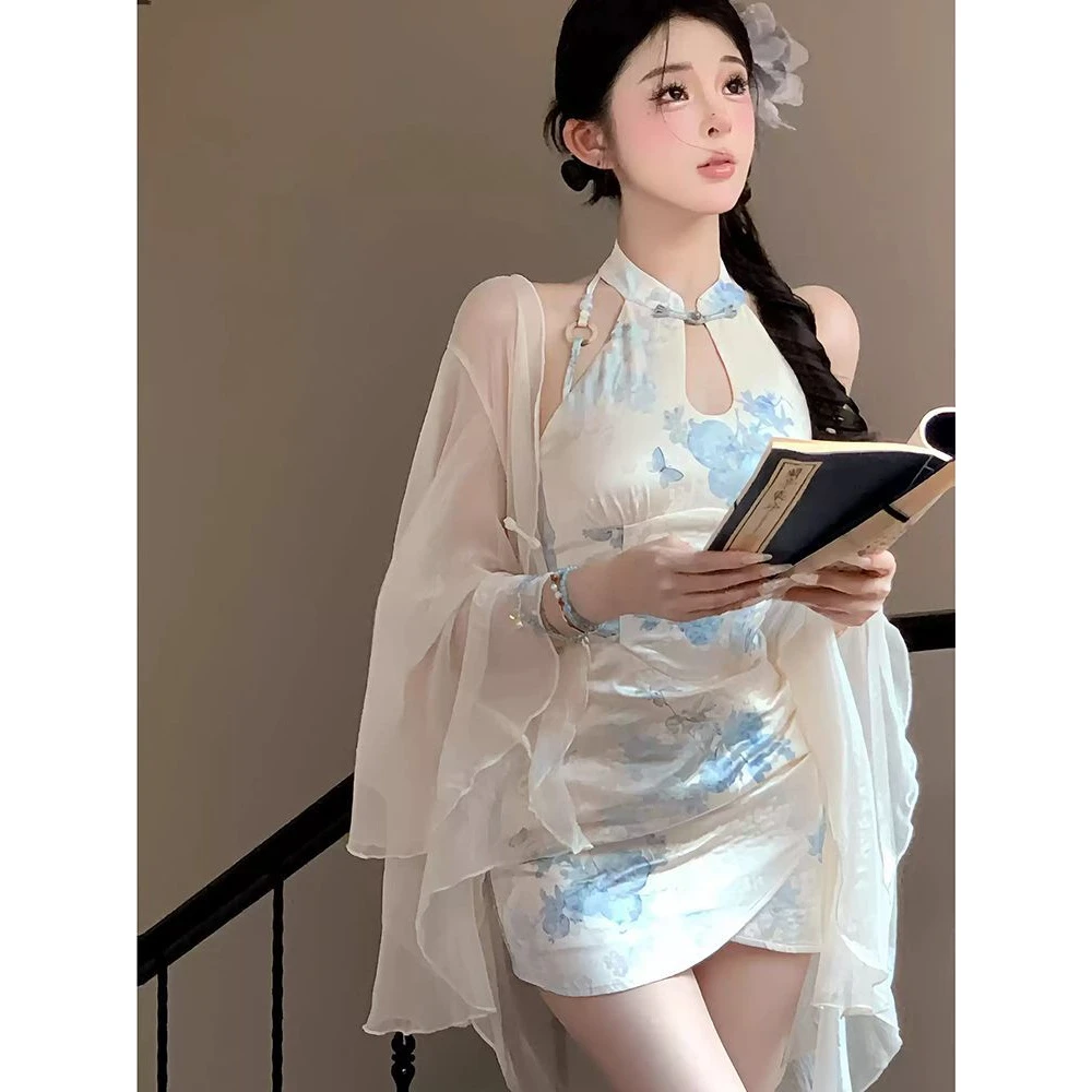 新中式性感无袖挂脖印花旗袍连衣裙女夏季纯欲风露背收腰包臀短裙