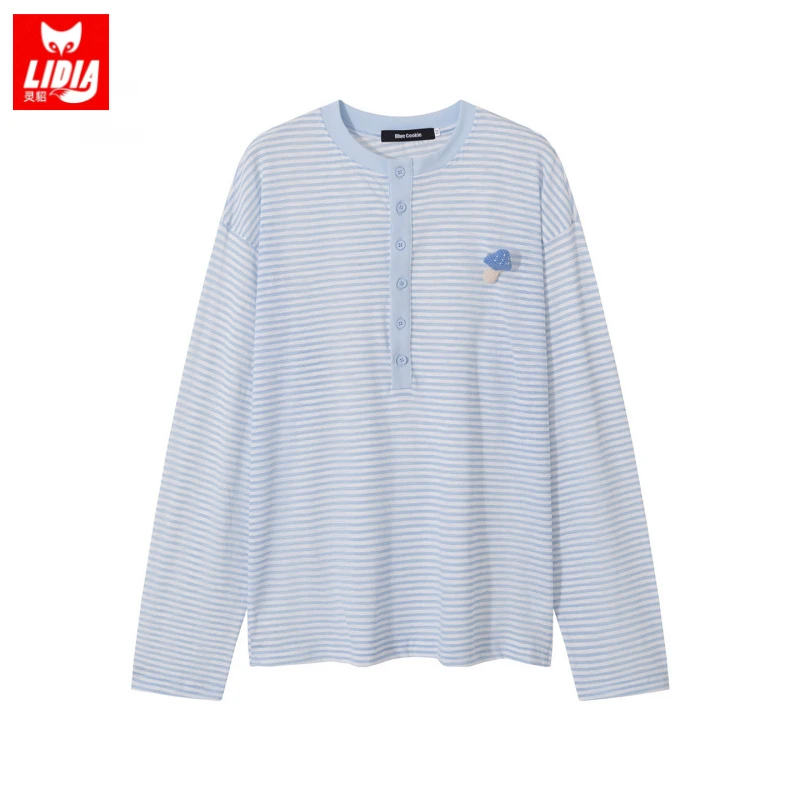 蓝色条纹长袖t恤女秋季2025新款宽松慵懒风韩系ins亨利领显瘦上衣