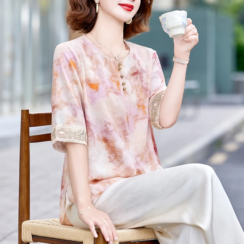 洋气妈妈夏装中袖T恤衫套装中老年女国风气质上衣2025新款两件套