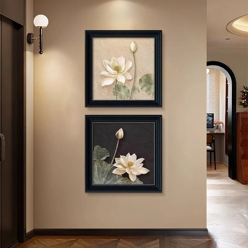 中古风玄关装饰画荷花复古油画餐厅背景墙挂画组合壁画高级感FR05