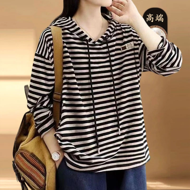 条纹连帽卫衣女秋季时尚新款复古洋气个性百搭时尚条纹T恤打底衫