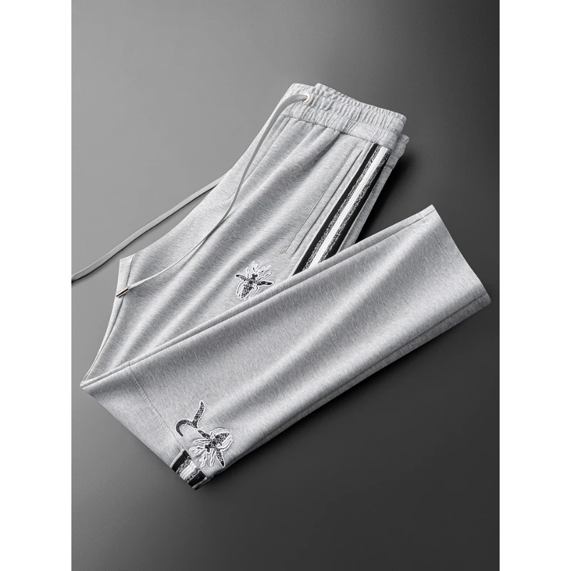 休闲裤男秋季时尚潮流撞色蜜蜂刺绣织带拼接空气层太空棉直筒卫裤