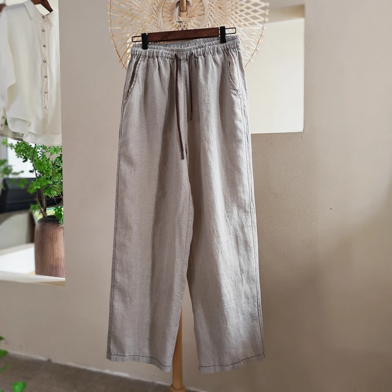 衣米苏荷【许厂长专属】【3160-2】女式汉麻明线裤松紧腰系绳直筒裤
