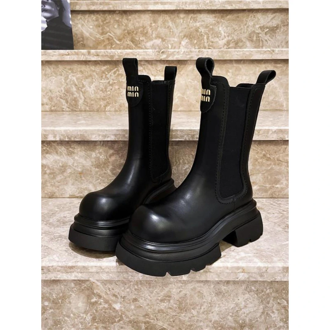 欧货中筒靴烟筒靴女鞋2025新款厚底内增高防滑休闲马丁靴女