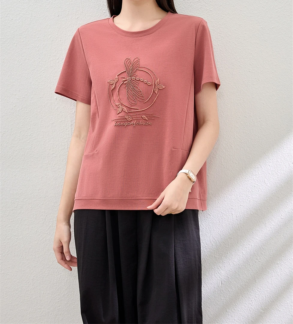 65100夏季新款短袖百搭妈妈装圆领重工刺绣大码宽松T恤女装