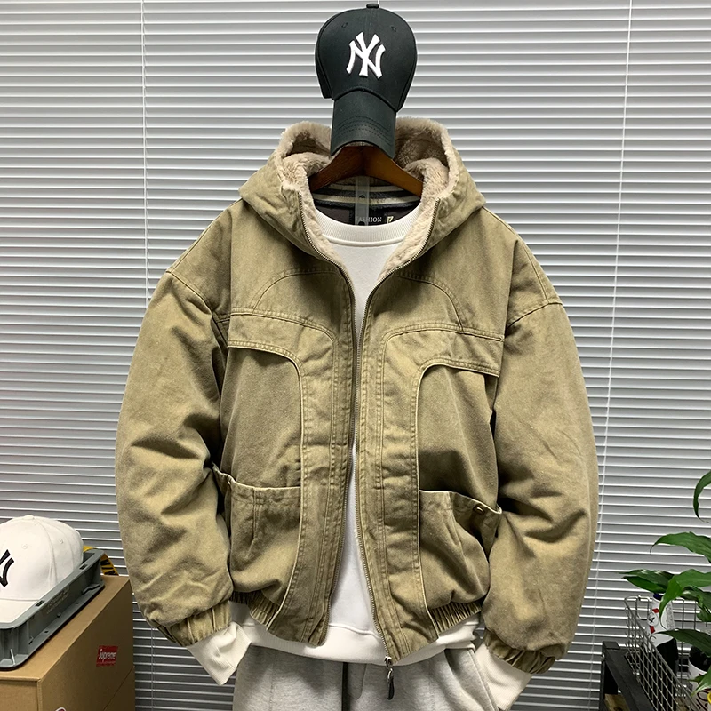 冬季毛绒内里工装连帽棉服夹克男款休闲宽松潮牌加厚保暖棉衣外套