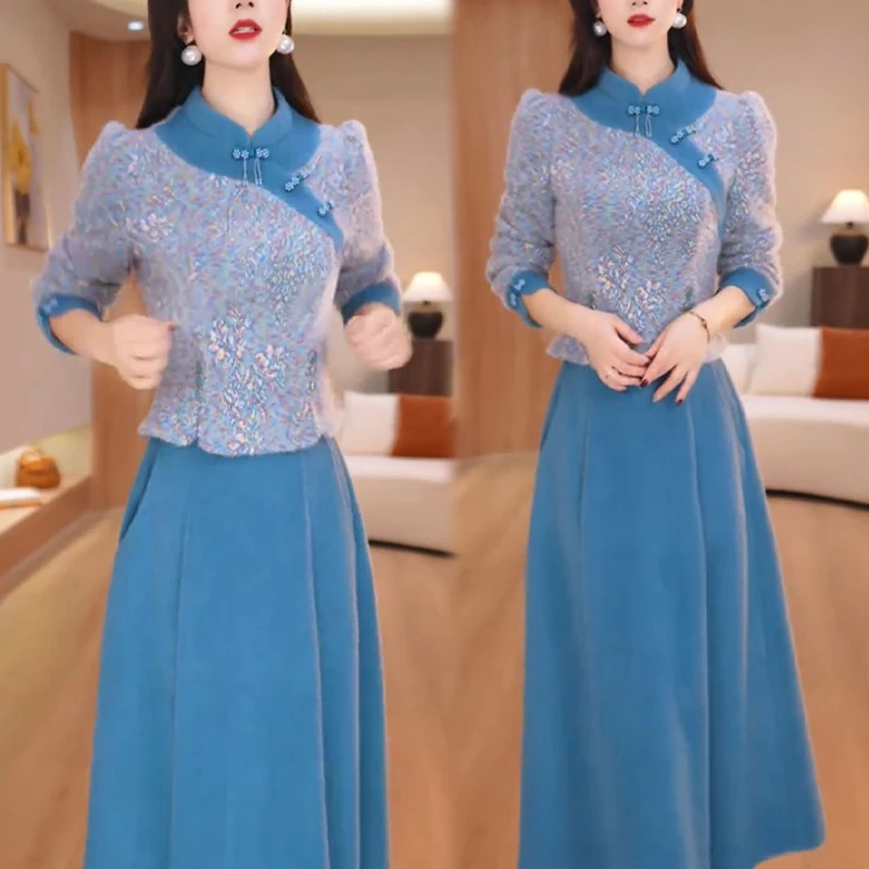 2025冬季新款中式国风套装女高端时尚高级感收腰上衣半身裙两件套