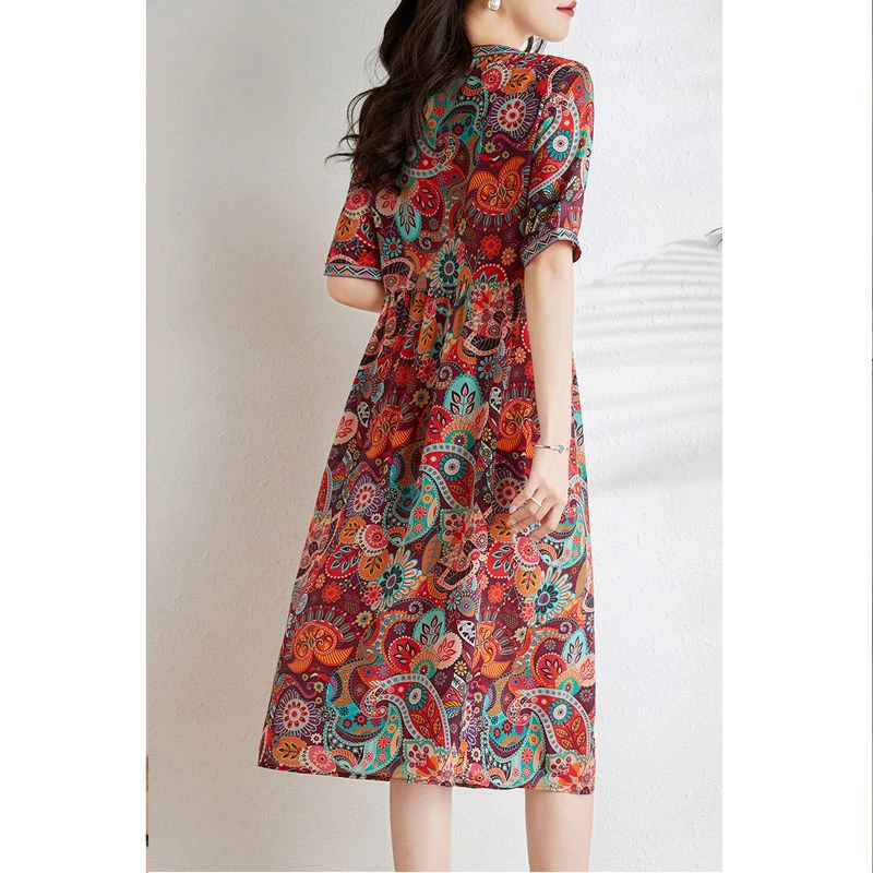 真丝连衣裙女中长款短袖民族风桑蚕丝碎花裙子复古宽松妈妈装夏季