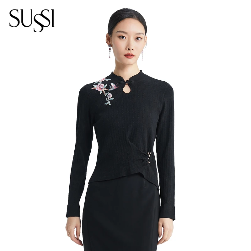 SUSSI/古色黑色中式贴花百搭款修身毛针织衫女