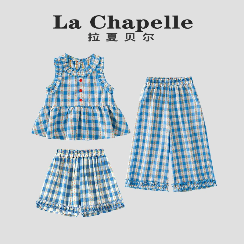 La Chapelle【拉夏贝尔】女童套装夏季新款蓝白格纹LB786