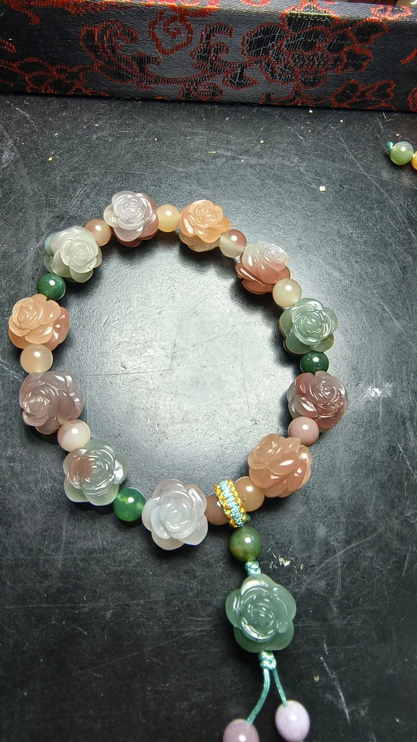 非金属大理石手链 雕刻有钱花图案古风文艺适合女学生盘玩