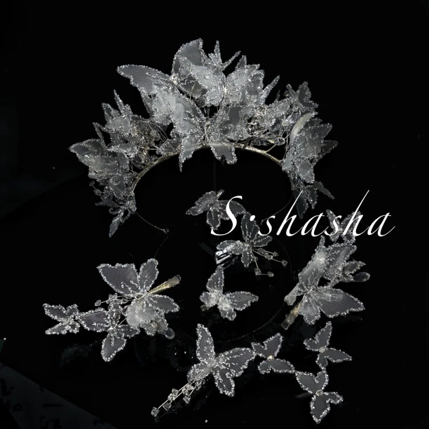 6998-6999高级新娘皇冠头饰耳环透明蝴蝶皇冠发饰婚纱晚礼服配饰
