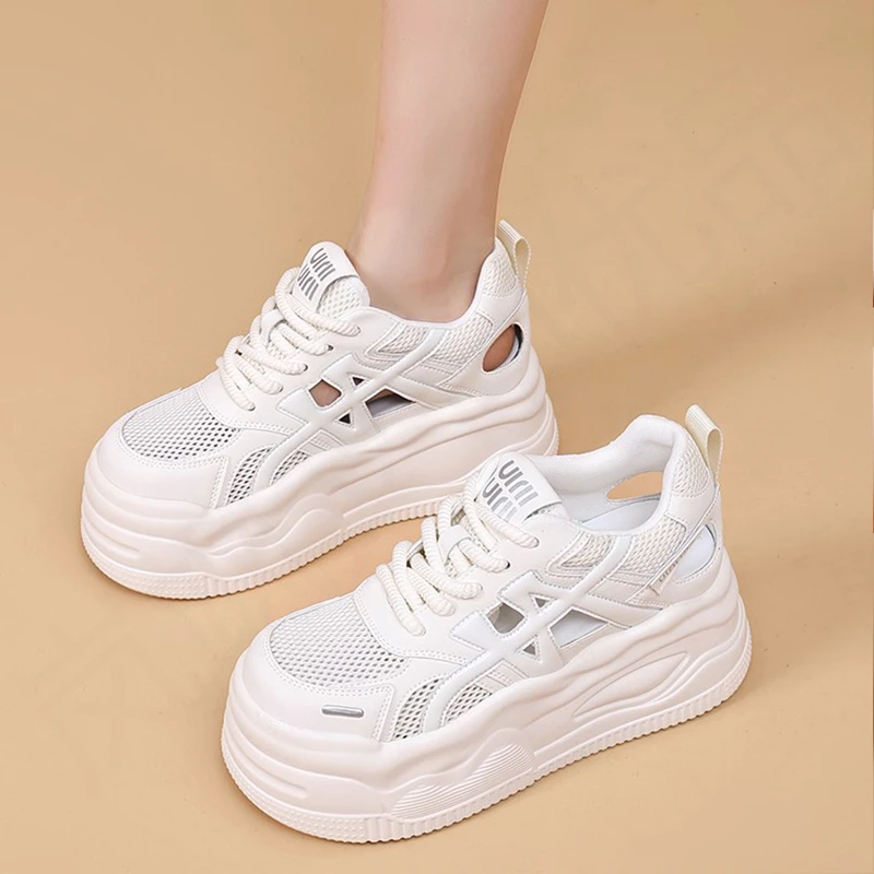 系带交叉绑带镂空透气板鞋小白鞋运动鞋厚底网红女鞋ins时尚