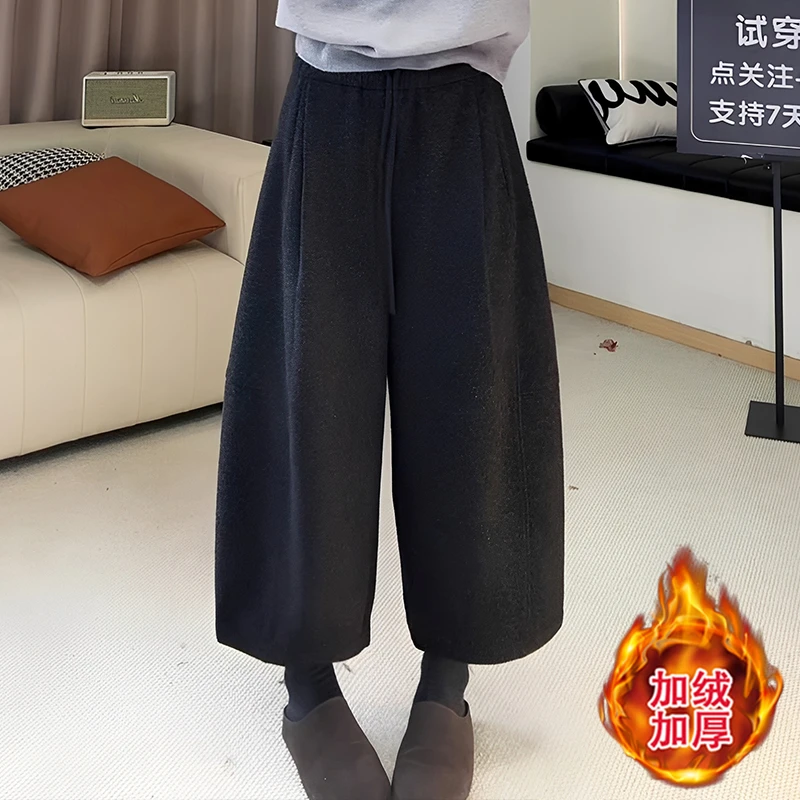 深灰色毛呢阔腿裤2025新款女小个子休闲八分直筒裤子宽松bf慵懒风