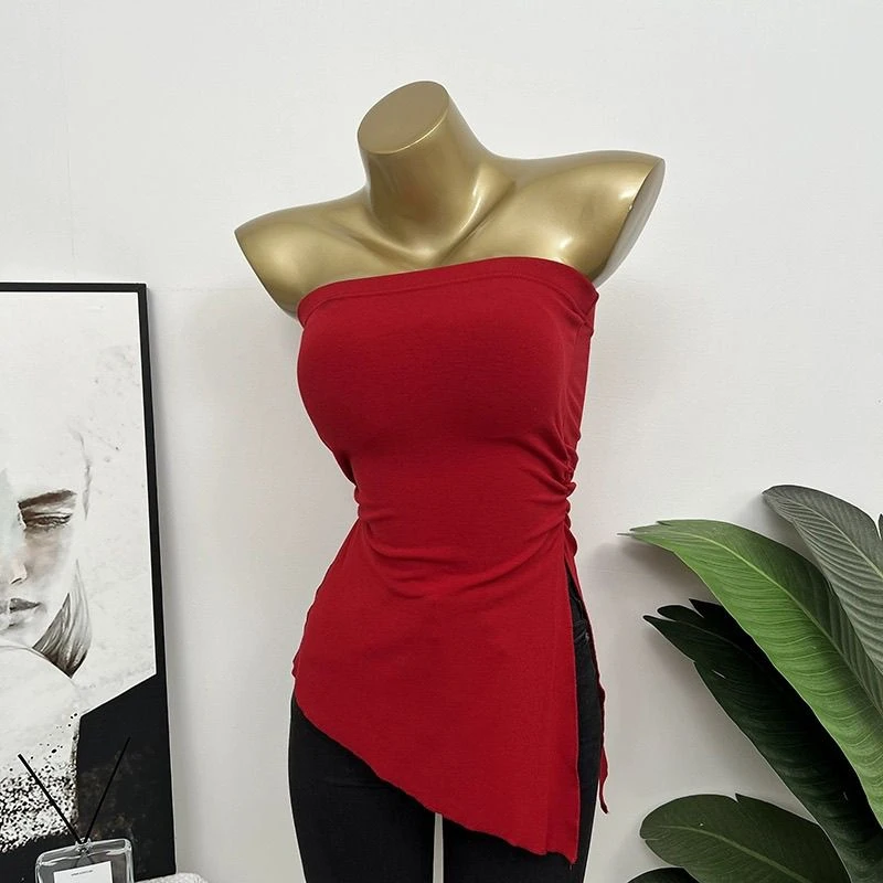 凹造型Bi备~带胸垫复古港风抹胸背心不规则开叉上衣打底衫韩版ins