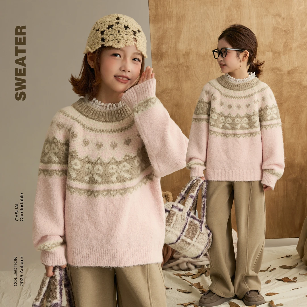 【心动物语】儿童费尔岛粉色圆领毛衣女童保暖针织上衣9161X