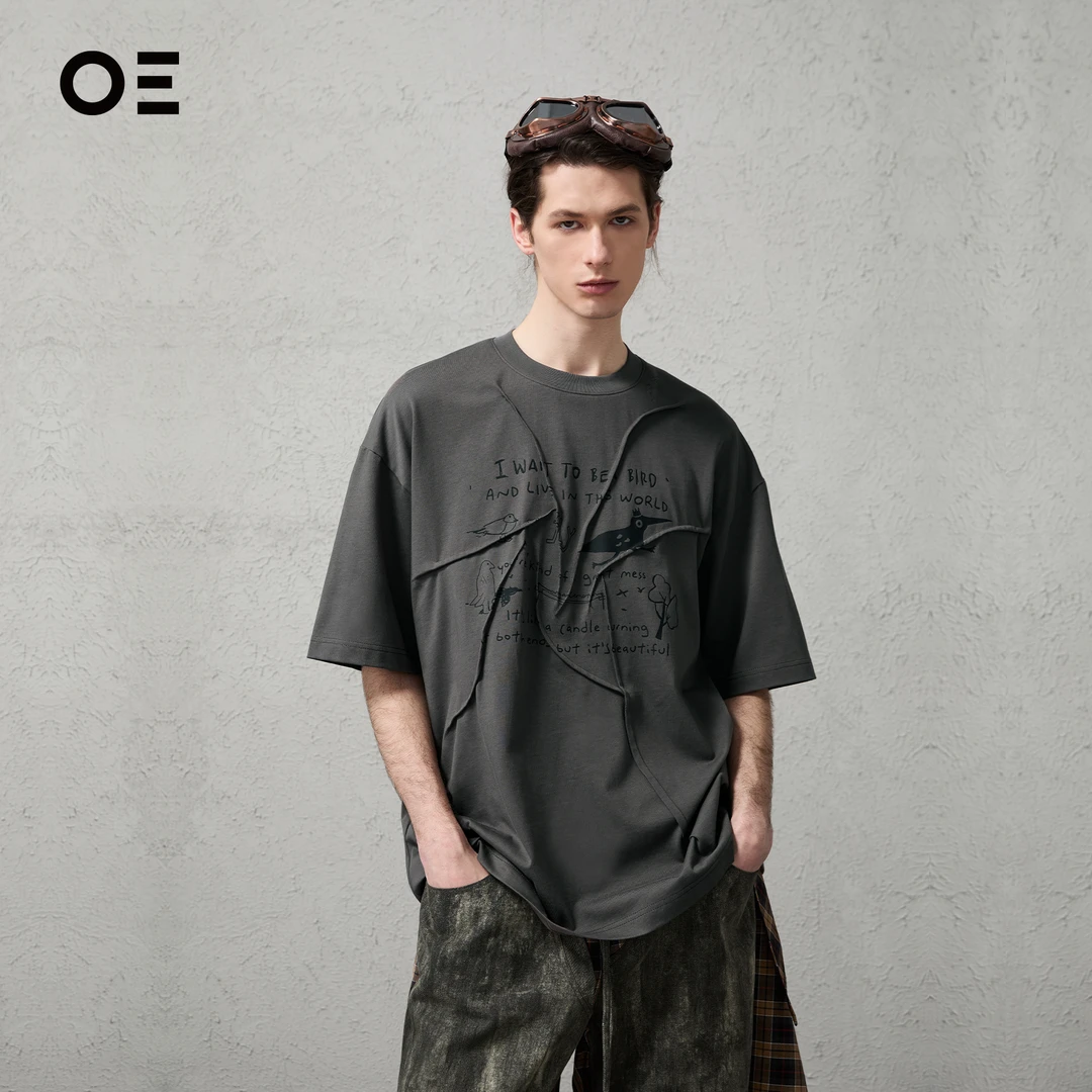 OrganicEmotion｜OE不规则手绘图案压褶印花夏季新款短袖T恤TH02