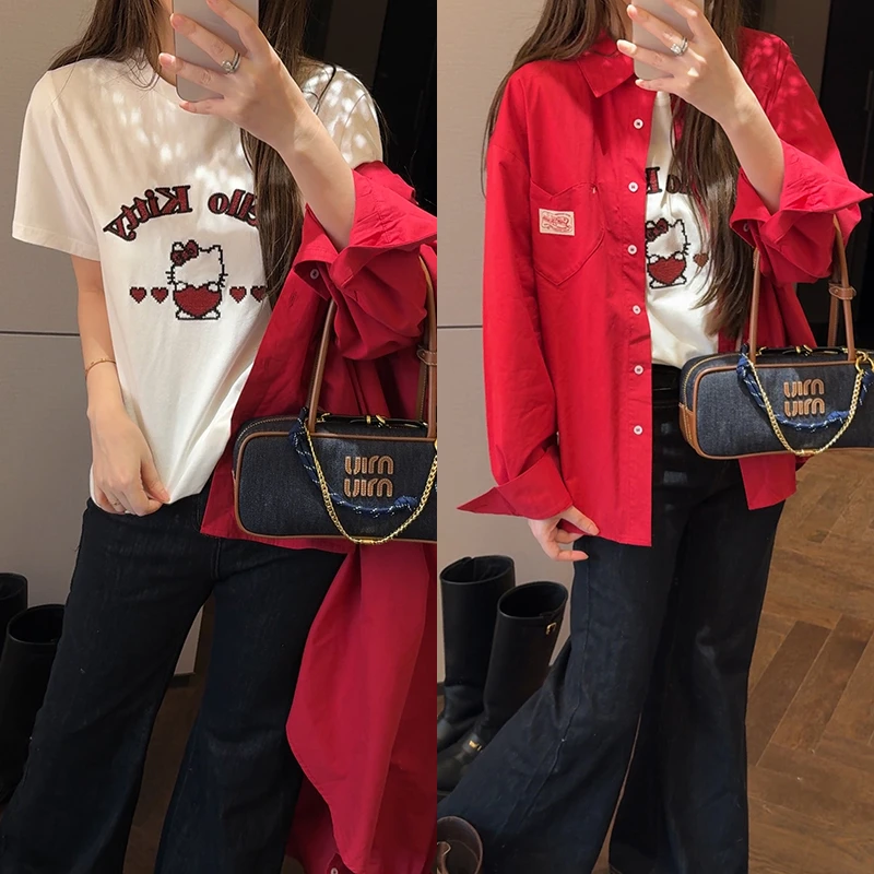 【mimius】P 韩系百搭凯蒂猫十字绣短袖T恤+衬衫 G08027