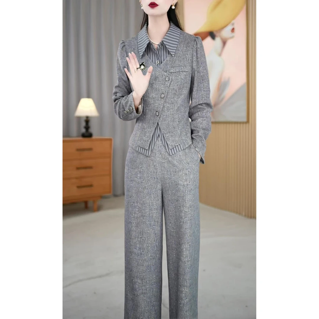 法式时尚休闲显瘦套装女2025秋季条纹拼接不规则衬衫直筒裤两件套
