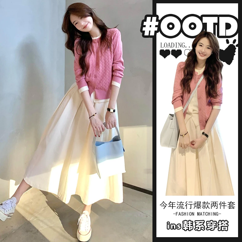 温柔风显气质套装女2025春夏新款法式开衫上衣+高腰遮胯半身裙潮