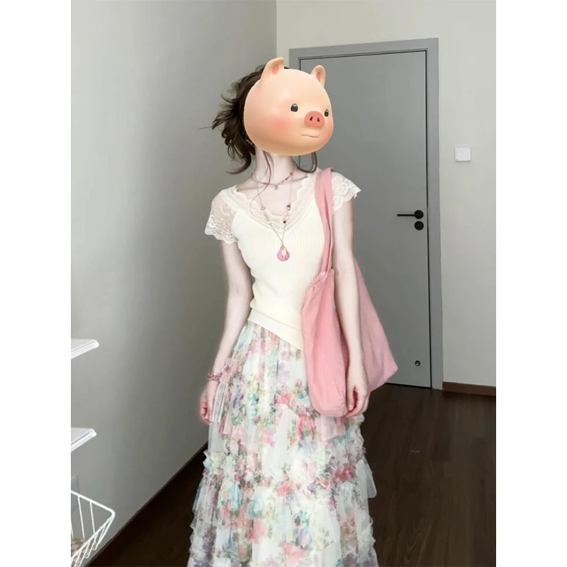 甜美碎花千金风夏季新款蕾丝设计感修身显瘦上衣碎花半身裙女套装