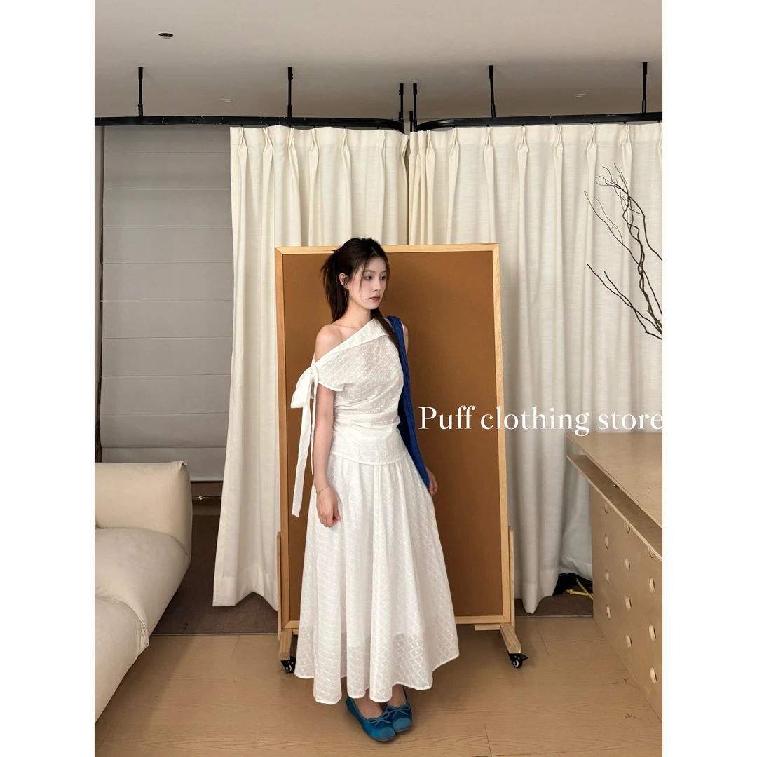 【白霜织梦】2025年夏季新品韩系时尚休闲斜肩套装