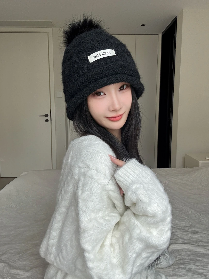 毛球针织护耳帽女秋冬季韩版显脸小毛线帽大头围保暖包头帽子