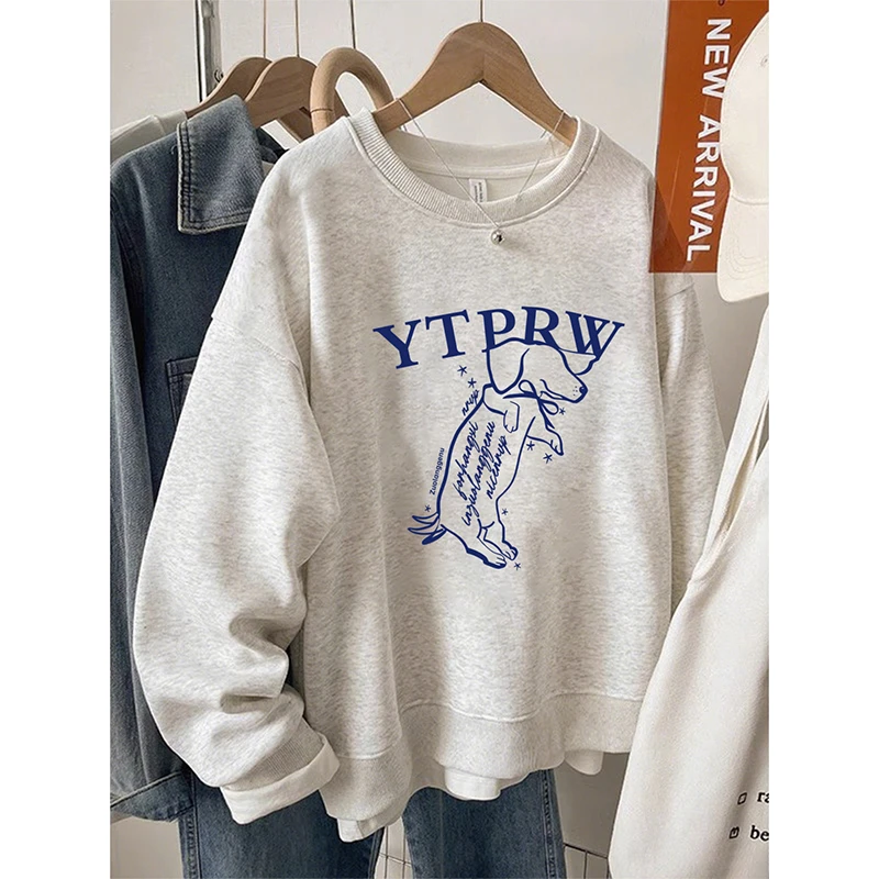 灰色小狗印花圆领无帽卫衣女秋冬新款胖MM宽松大码慵懒风长袖上衣