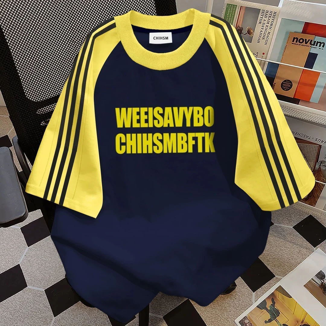 夏季插肩拼接三条杠T恤男女短袖学生多巴胺宽松美式