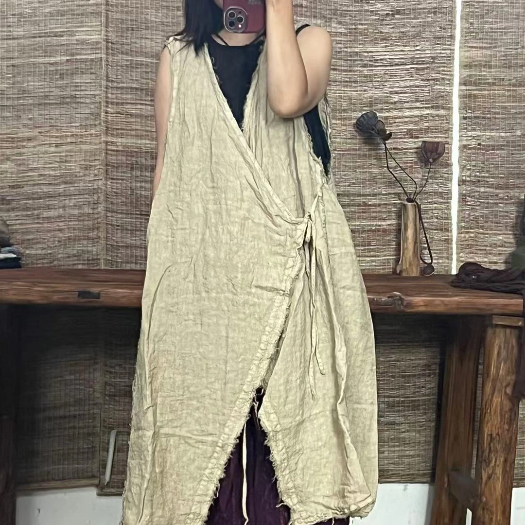 M 242夏季新款复古炒色做旧毛边交叉系带中长款马甲（衣长115胸围）