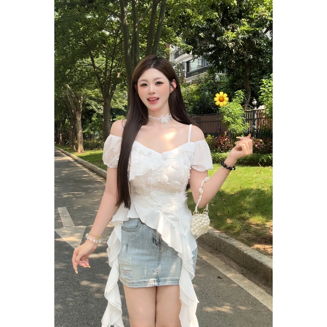 白77-大码女装白色不规则吊带上衣衬衫飘带度假风韩系穿搭12619