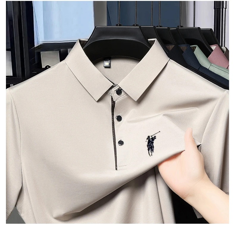 保罗夏季时尚翻领短袖T恤休闲薄款中青年潮流时尚轻奢冰丝质感