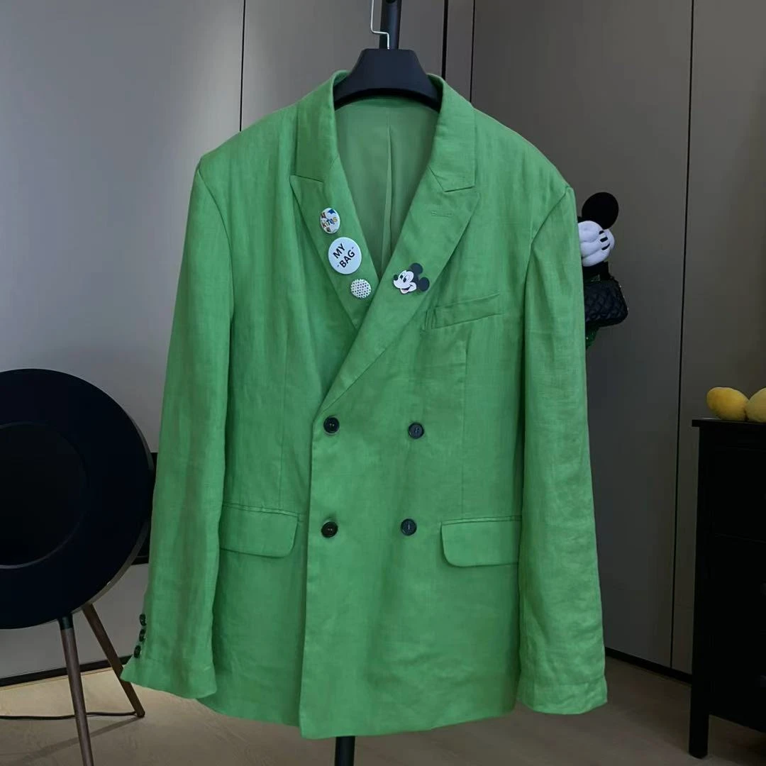 【劉發發】Q005【绿色西服】时尚百搭法式麻感女士西装外套