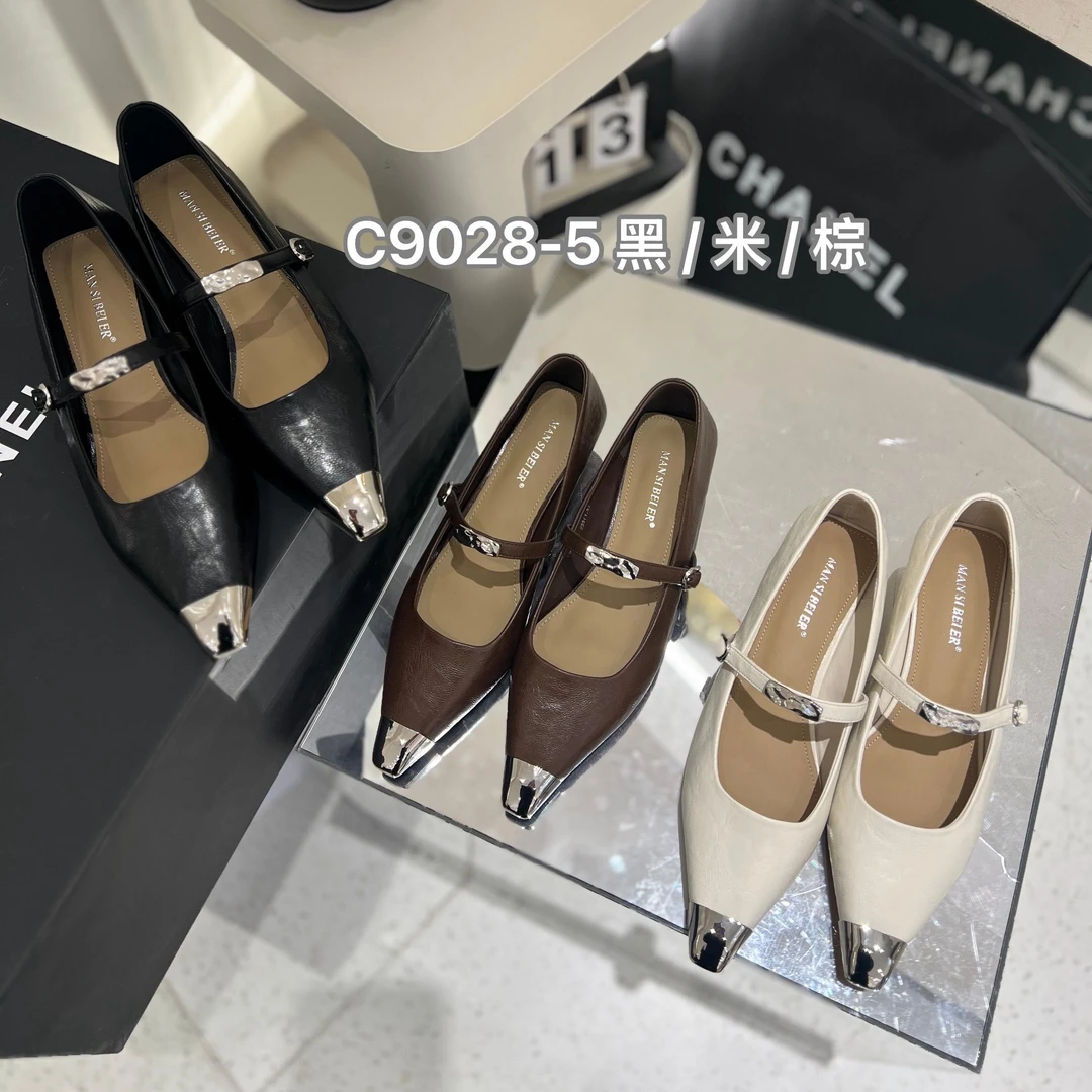 浅口单鞋女2025春季新款时尚金属鞋头漆皮方头玛丽珍鞋C9028-5