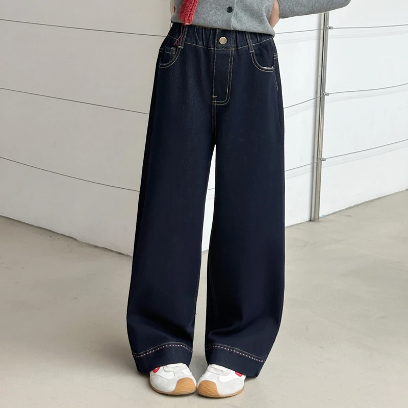 儿童牛仔裤女童阔腿裤春秋2025秋装洋气外穿宽松韩系拖地直筒裤子