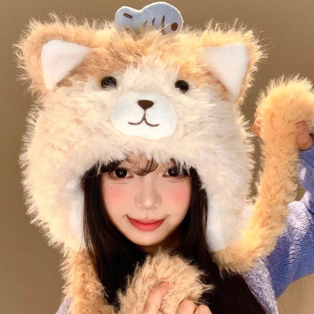 三花猫毛绒帽帽子雷锋帽亲子护耳帽骑车极简风冬季秋冬滑雪