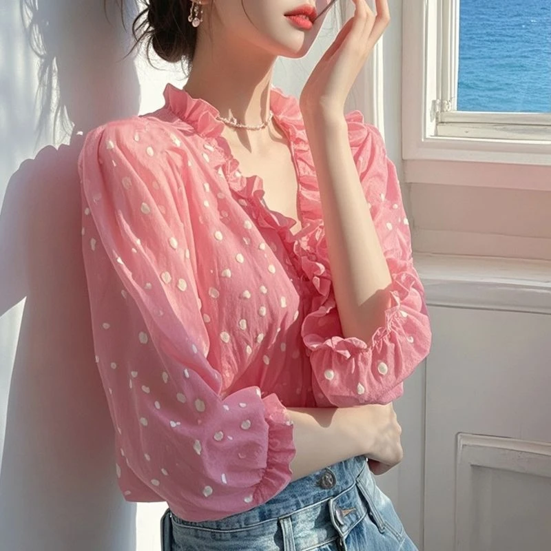 2025春洋里洋气木耳边衬衫设计感百搭超好看粉色波点雪纺上衣女装