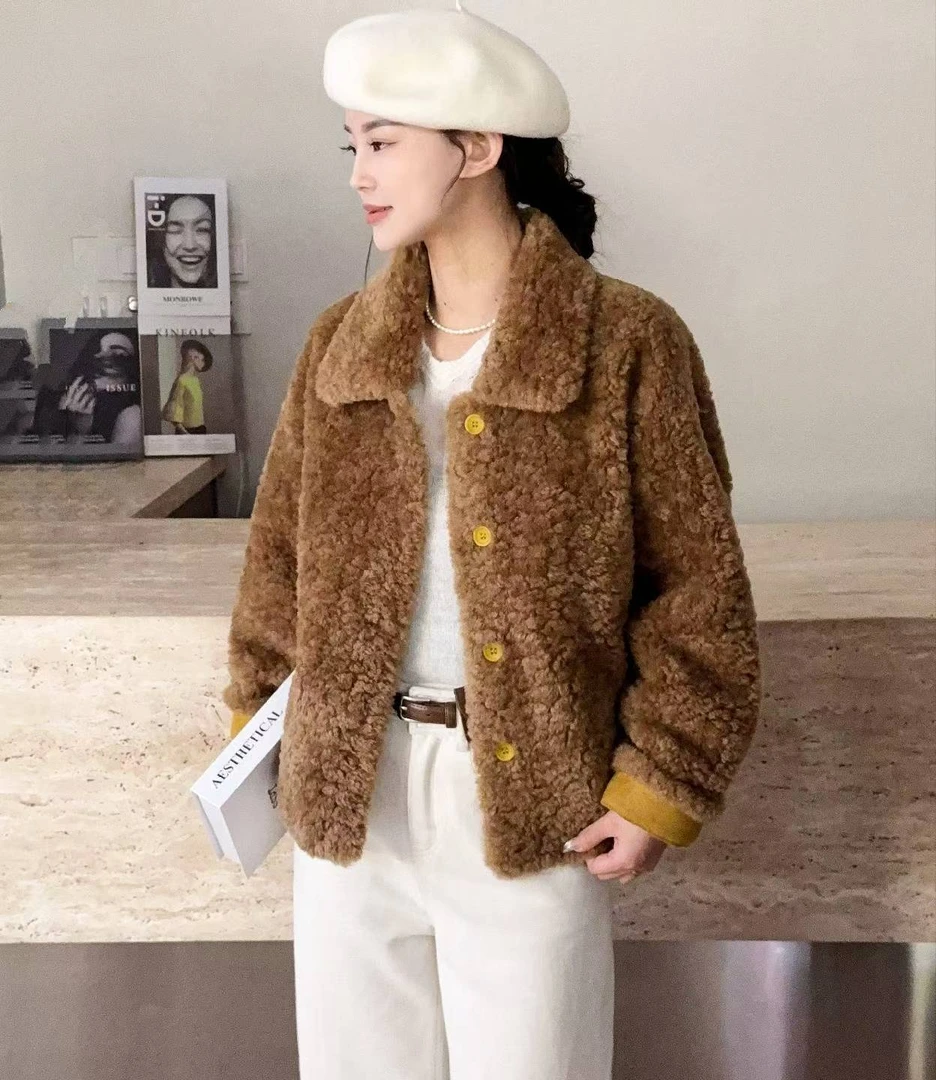 【锦衣服饰】X 627（25627）韩系翻领排扣短款皮毛一体外套