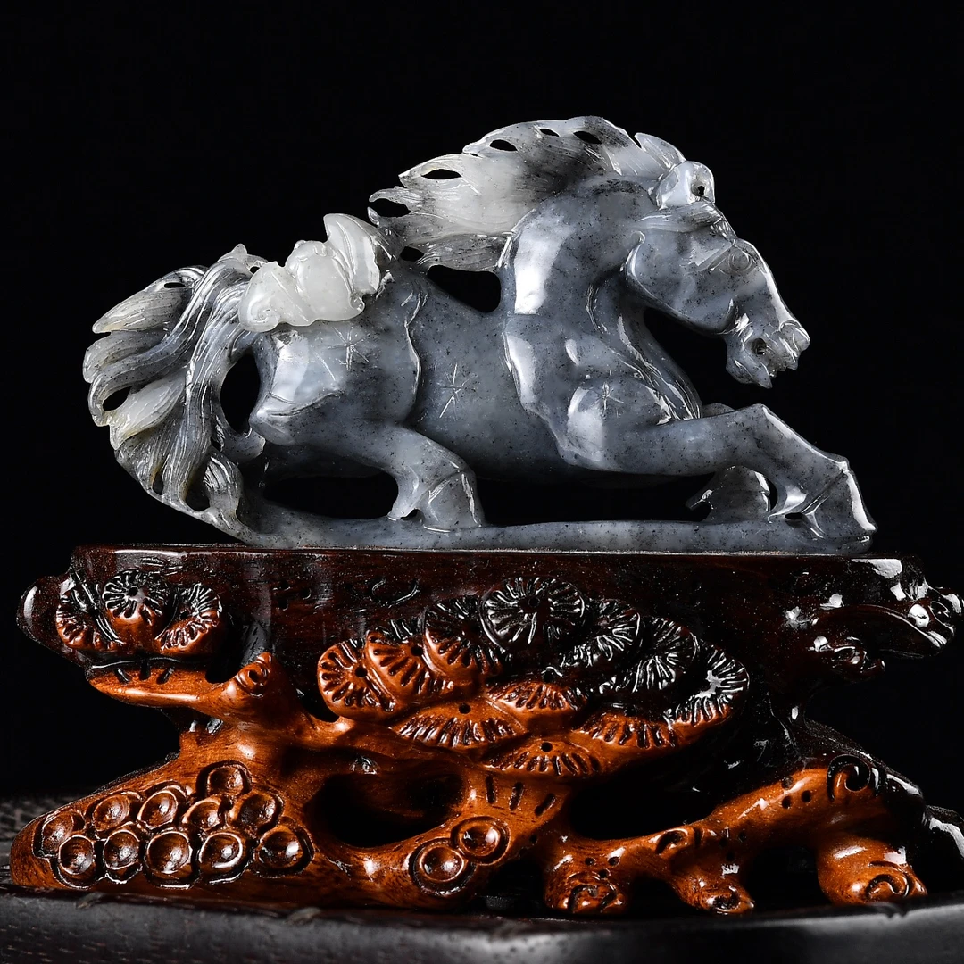 青花和田玉生肖马摆件书房办公室小摆件玉石饰品