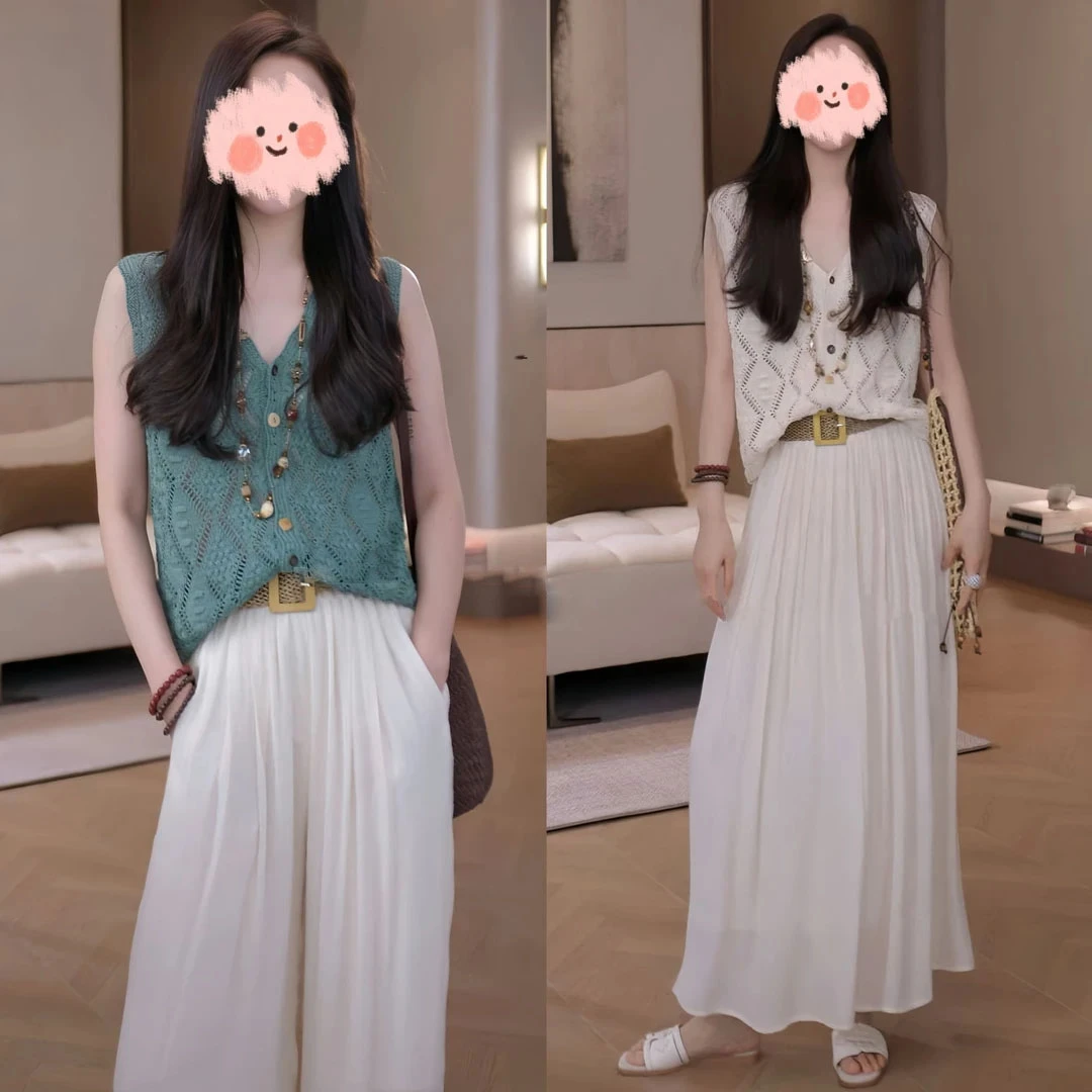 2025夏季轻奢时尚减龄镂空针织马甲背心百搭休闲裤裙显瘦气质套装