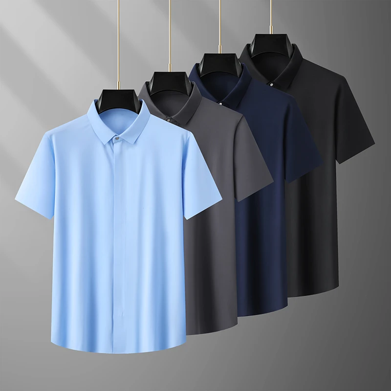 胖子夏季冰丝衬衫商务加大半袖肥佬拉链隐藏门襟休闲纯色薄款短袖