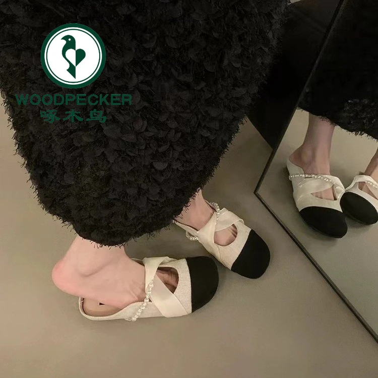 啄木鸟法式平底包头半拖鞋女鞋子外穿2025新款夏季晚风玛丽珍单鞋