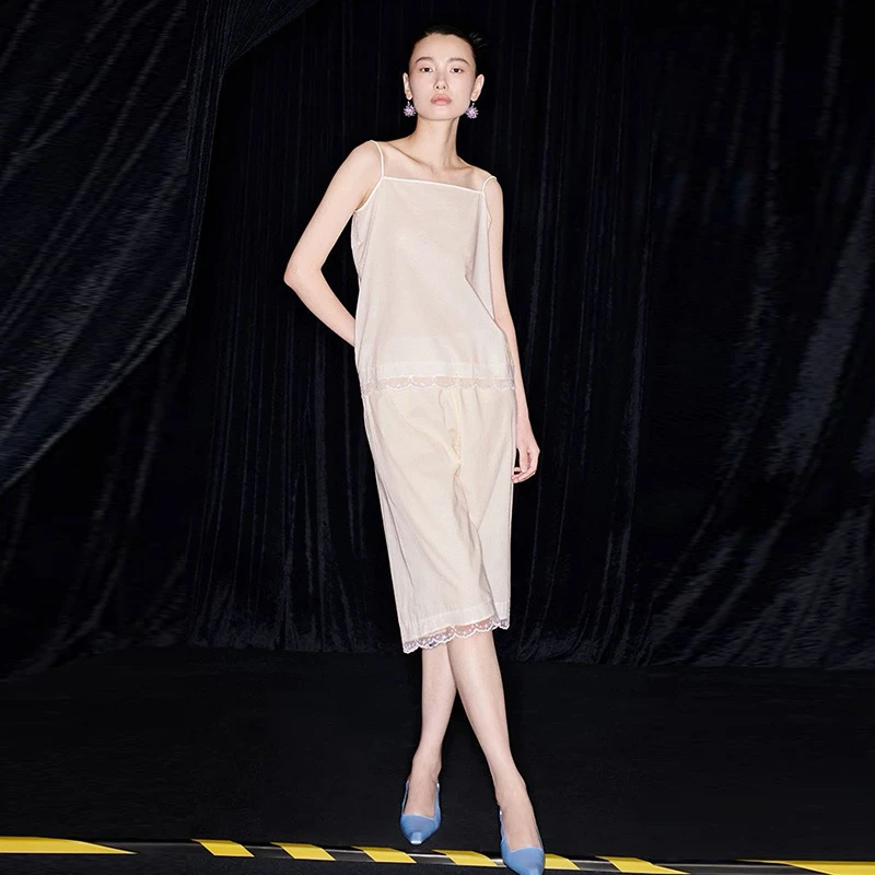 M essential 马 凯 薄款百搭基础花边吊带上衣中裤套装